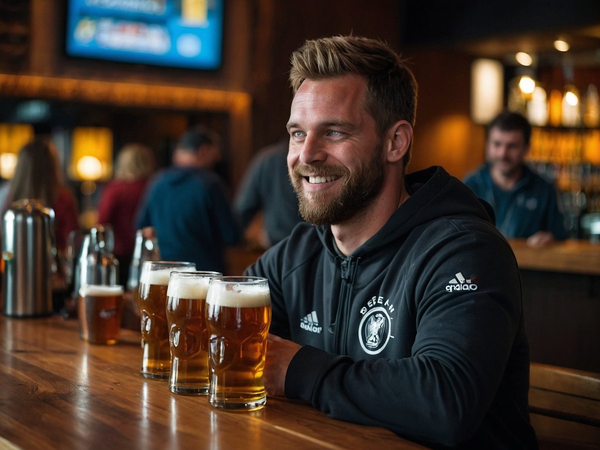 Ein lächelnder Mann sitzt an einer Holztheke in einem geschäftigen Bierlokal. Vor ihm stehen mehrere Gläser mit hellbraunem Bier, das eine schaumige Krone hat. Der Mann trägt einen dunklen Kapuzenpullover mit einem Logo. Im Hintergrund sind verschwommene Silhouetten von weiteren Gästen zu sehen. Die Atmosphäre wirkt entspannt und gesellig, was auf eine typische Biergartenstimmung hindeutet.