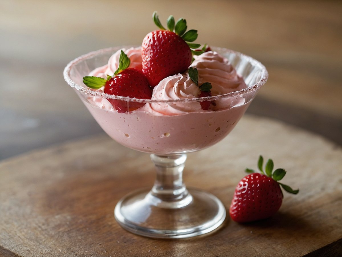 Eine Schüssel Erdbeermousse steht auf einem Holztisch. Die Mousse hat eine zarte rosa Farbe und ist mit dekorativen Sahnehäubchen verziert. Obenauf befinden sich frische Erdbeeren und kleine Minzblätter. Neben der Schüssel liegt eine zusätzliche frische Erdbeere. Der Rand der Schüssel ist mit Zuckerguss verziert.