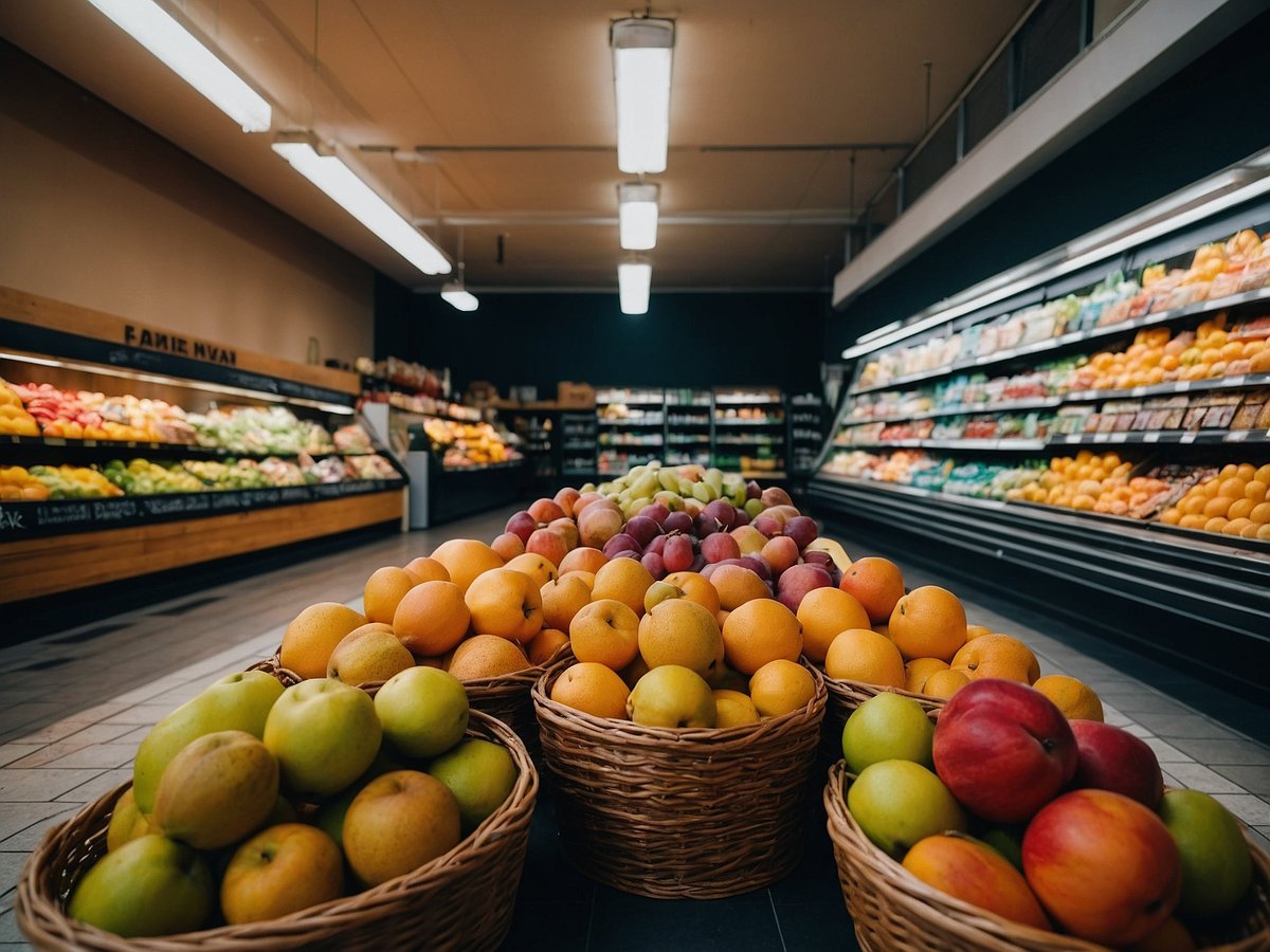 Eine breite Auswahl an frischem Obst ist in einem gut beleuchteten Lebensmittelgeschäft angeordnet. Im Vordergrund stehen mehrere geflochtene Körbe, die mit verschiedenen Obstsorten gefüllt sind, darunter Äpfel, Birnen und Orangen. Im Hintergrund sind Regale mit einer Vielfalt an Obst und Gemüse sichtbar, die ordnungsgemäß in farbenfrohen Reihen präsentiert werden. Die Atmosphäre wirkt einladend und frisch, ideal für Käufer, die auf der Suche nach gesunden Lebensmitteln sind.