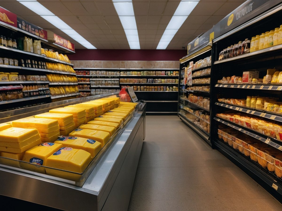 Im Bild ist ein Supermarkt zu sehen, in dem eine breite Auswahl an Lebensmitteln präsentiert wird. Auf einem Kühlregal sind viele gelbe Butterpackungen ordentlich angeordnet. Im Hintergrund sind weitere Regale zu sehen, die mit verschiedenen Produkten, einschließlich Brot und anderen Lebensmitteln, gefüllt sind. Die Beleuchtung ist hell und der Boden ist hellgrau.