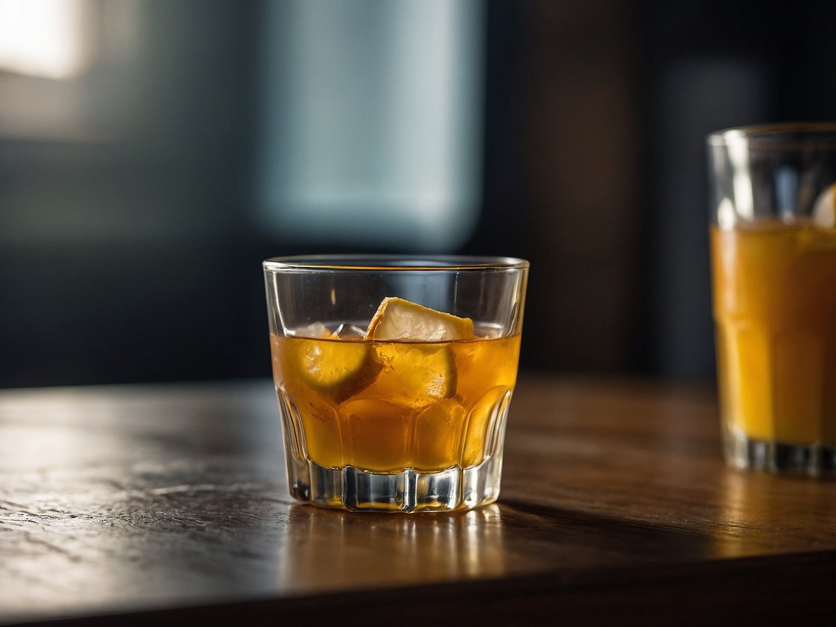 Ein Glas mit einem orangefarbenen Getränk steht auf einem Holztablett. Im Glas befinden sich Eiswürfel und zwei Stücke Zitrone. Im Hintergrund befindet sich ein weiteres, ähnliches Glas. Die Beleuchtung ist gedämpft, was eine gemütliche Atmosphäre erzeugt.