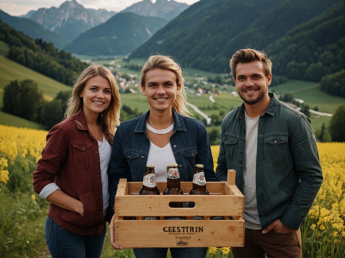 Eine Gruppe von drei jungen Menschen steht in einer malerischen, bergigen Landschaft. Im Vordergrund halten sie eine Holzkiste mit mehreren Bierflaschen. Die Frau links trägt ein rotes Oberteil und lächelt, während die Frau in der Mitte ein blaues Jeanshemd trägt und freundlich in die Kamera schaut. Der Mann rechts hat ein grünes Hemd an und lächelt ebenfalls. Im Hintergrund sind grüne Hügel und eine kleine Ansiedlung sichtbar, umgeben von Bergen. Die Szenerie vermittelt eine entspannte Atmosphäre und könnte mit dem Thema Pfandtourismus in Verbindung stehen, wo Deutsche oft nach Österreich reisen, um Bier zu genießen.