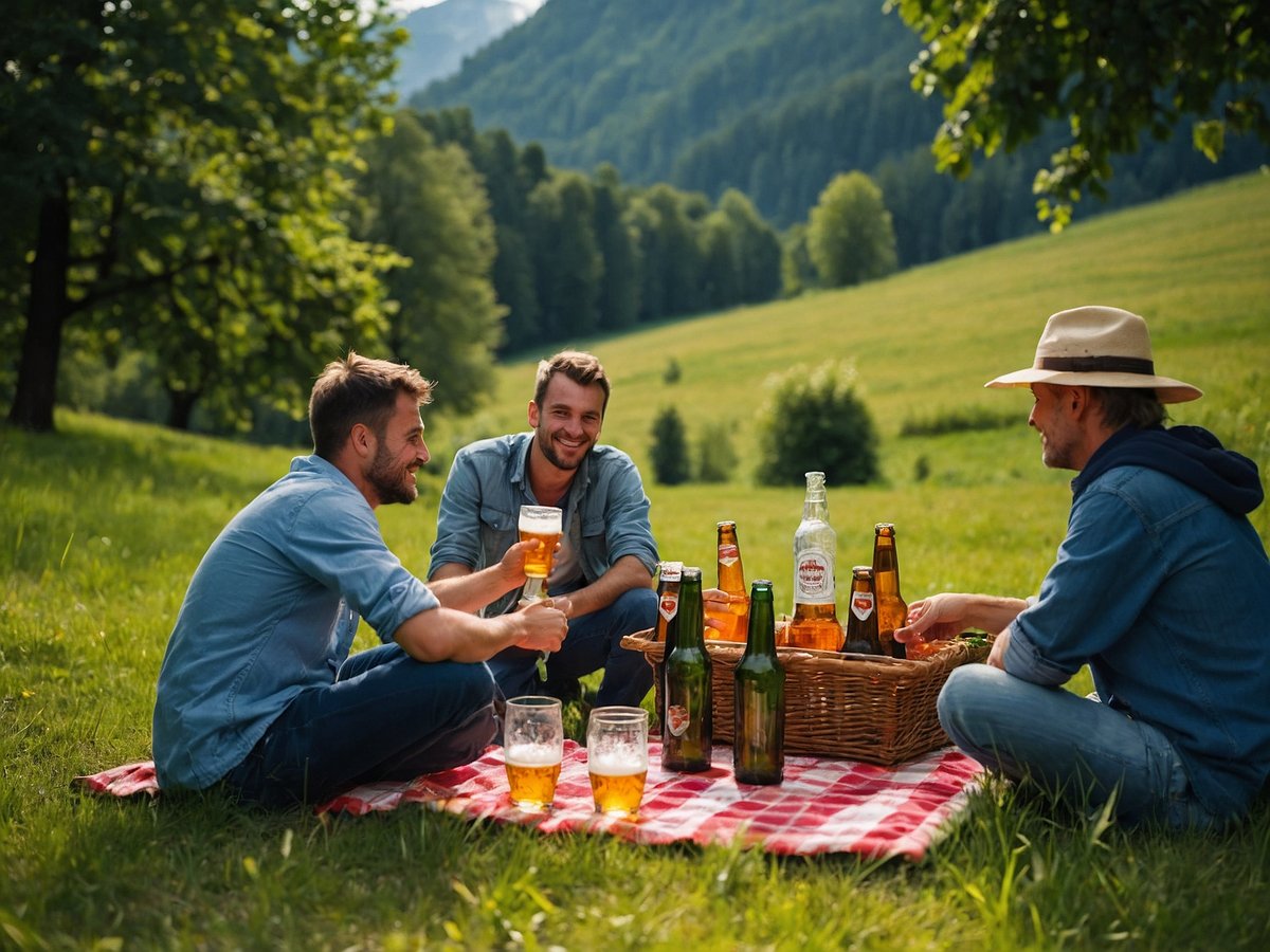 Eine Gruppe von drei Männern sitzt auf einer Picknickdecke in einer malerischen Wiesenlandschaft. Sie haben große Gläser Bier in der Hand und lächeln einander zu, während sie fröhlich miteinander interagieren. Neben ihnen steht ein Weidenkorb, der mit Flaschen Bier gefüllt ist. Die Umgebung ist grün und von Bäumen sowie sanften Hügeln geprägt, was eine entspannte und gemütliche Atmosphäre schafft.