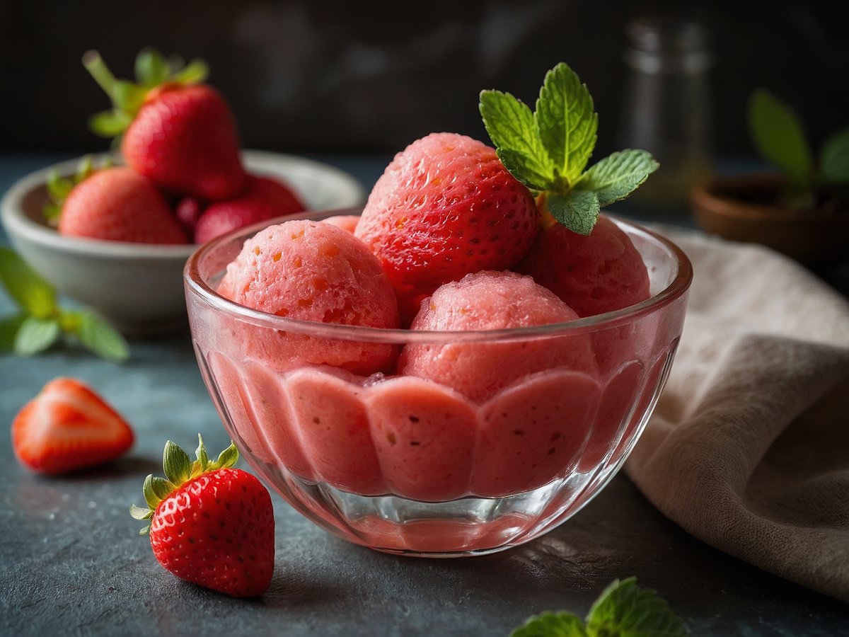 Ein glasierter Schälchen enthält mehrere Kugeln Erdbeersorbet, das eine leuchtend rosa Farbe hat. Um das Schälchen herum liegen frische Erdbeeren und einige Minzblätter, die eine dekorative Note hinzufügen. Im Hintergrund ist eine weitere Schüssel mit Erdbeeren zu sehen, die auf einer dunklen Oberfläche platziert sind.