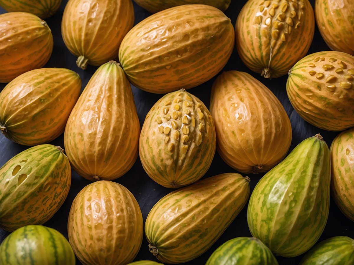 Auf dem Bild sind verschiedene Melonensorten zu sehen, die in unterschiedlichen Formen und Farben angeordnet sind. Die meisten Melonen sind orange mit einer glatten Oberfläche, während einige grüne Melonen mit gestreiftem Muster hervortreten. Die Melonen weisen unterschiedliche Größen und Formen auf, einige sind oval, andere rundlich. Die Anordnung der Melonen ist zufällig, was ein ansprechendes Gesamtbild ergibt. Salmonellen und Bacillus cereus in Egusi Melonensamen entdeckt - Verzehr verboten.