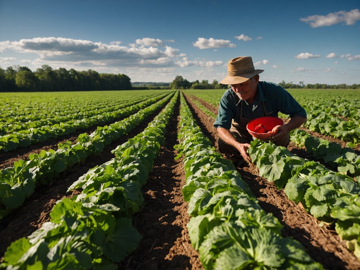 Auf dem Bild ist ein Landwirt zu sehen, der auf einem Feld mit Reihen von frischen, grünen Pflanzen arbeitet. Der Mann trägt einen Hut und hält mit einer Hand eine Schüssel, während er sich über die Pflanzen beugt. Die weitläufige Landschaft im Hintergrund zeigt ein großes Feld mit gleichmäßigen Pflanzenreihen und einem klaren blauen Himmel mit einigen Wolken. Saisonale Lebensmittel sind wichtig, da sie frisch sind, den Nährstoffgehalt erhöhen und helfen, die lokale Wirtschaft zu unterstützen.
