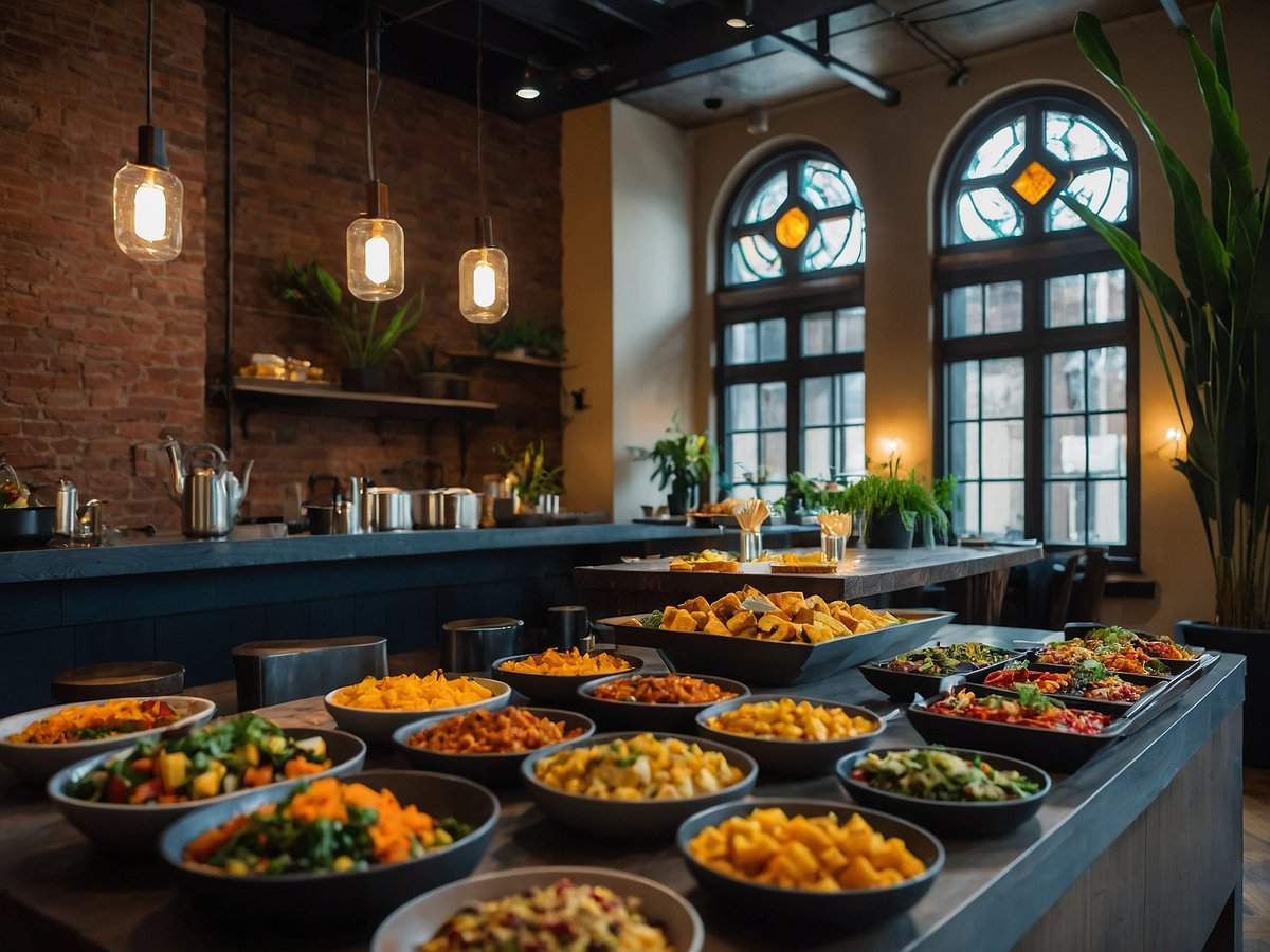 Eine lange Holztafel ist mit verschiedenen Schüsseln gefüllt, die eine Vielzahl an bunten veganen Gerichten präsentieren. Es sind frische Salate, gedünstetes Gemüse und andere pflanzliche Speisen sichtbar. Im Hintergrund sind große Fenster mit dekorativen Glaselementen, die viel Licht ins Zimmer lassen, und eine rustikale Ziegelwand. Über der Tischfläche hängen stilvolle Pendelleuchten, und im Raum sind grüne Pflanzen platziert, die eine einladende Atmosphäre schaffen.