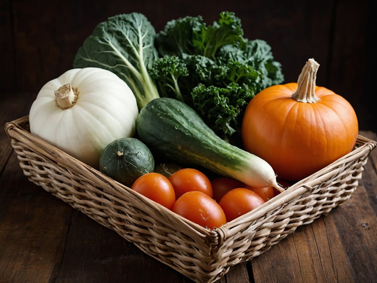 Auf dem Bild ist ein Korb mit verschiedenen Gemüsearten zu sehen. In dem Korb befinden sich eine weiße Kürbisart, mehrere grüne Gurken, einige rote Tomaten, ein orangefarbener Kürbis, verschiedene Blätter von Grünkohl und ein paar weitere grüne Blätter. Der Korb steht auf einer Holzoberfläche und vermittelt einen rustikalen Eindruck.
