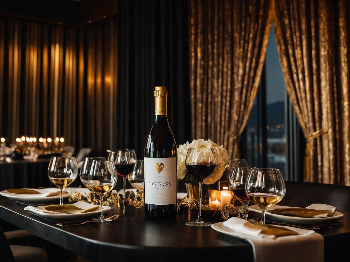 Auf dem Bild ist ein eleganter Tisch in einem stilvollen Restaurant zu sehen. Im Mittelpunkt steht eine Flasche Wein mit dem Namen Oscars, umgeben von mehreren Gläsern mit verschiedenen Weinsorten. Die Tischdecke ist dunkel und die Teller sowie Besteck sind geschmackvoll angerichtet. Im Hintergrund sind sanfte, goldene Vorhänge zu erkennen und dezente Kerzenlicht reflektiert eine warme Atmosphäre. Eine weiße Blume ergänzt das ansprechende Arrangement und verleiht dem Bild einen Hauch von Klasse.