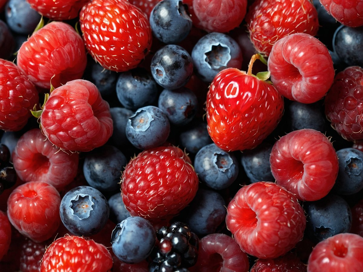 Ein buntes Arrangement aus frischen Beeren ist zu sehen. Rote Himbeeren und Erdbeeren setzen farbliche Akzente, während blaue Heidelbeeren zwischen ihnen liegen. Die Früchte sind üppig und saftig dargestellt, einige von ihnen mit einem leichten Glanz. Dieses ansprechende Bild vermittelt einen frischen und gesunden Eindruck, ideal für eine Seniorenseite, die auf gesunde Ernährung aufmerksam macht.
