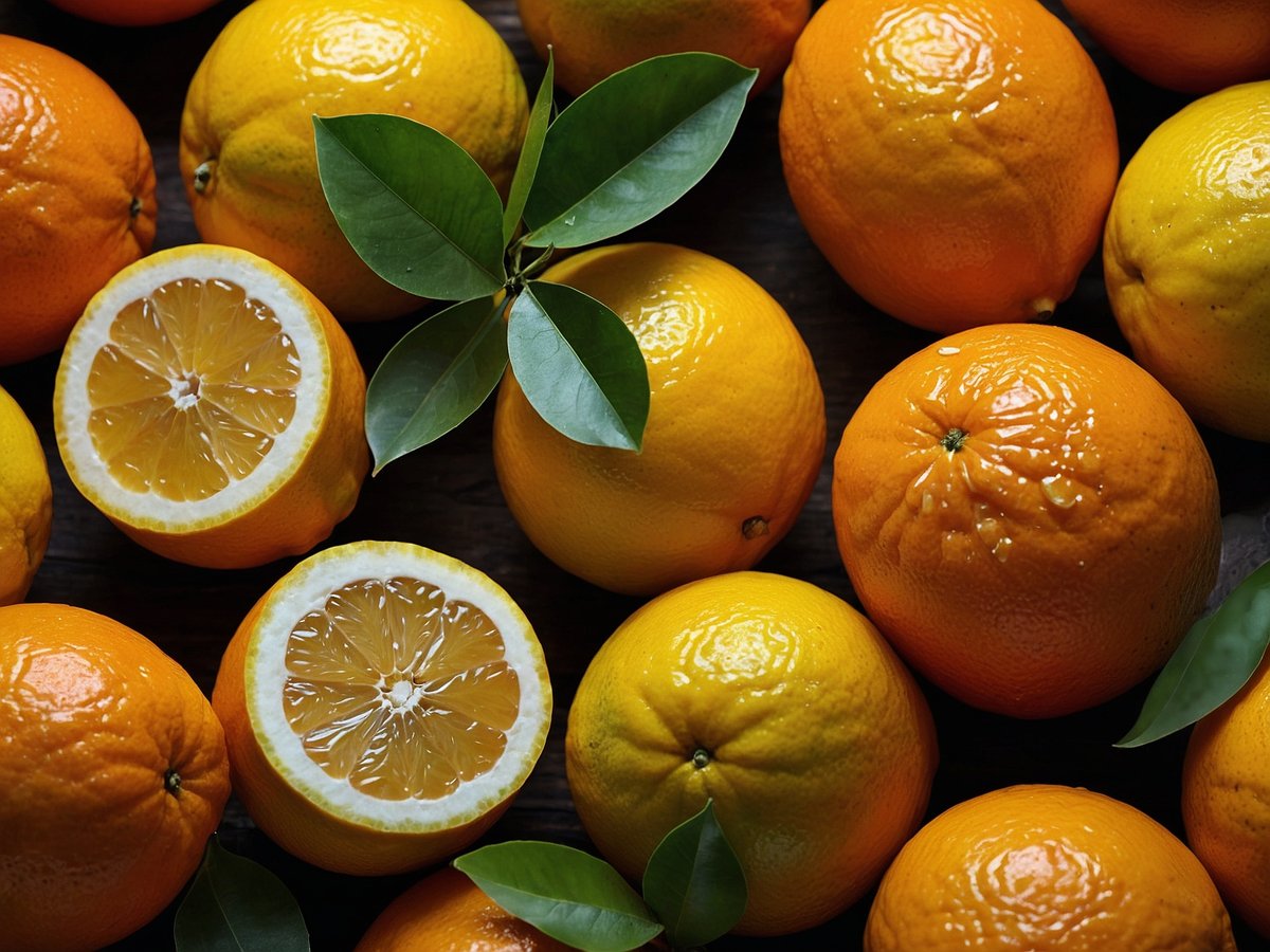 Auf dem Bild sind verschiedene Zitrusfrüchte zu sehen, hauptsächlich Orangen und eine halbierte Zitrone. Die Orangen sind in verschiedenen Größen und Schattierungen von Orange. Eine Zitrone ist halbiert und zeigt die saftige, gelbe Innenstruktur. Einige Blätter sind an den Früchten befestigt, was dem Arrangement eine frische Note verleiht. Der Hintergrund ist aus dunklem Holz, das die Farben der Früchte besonders gut zur Geltung bringt.