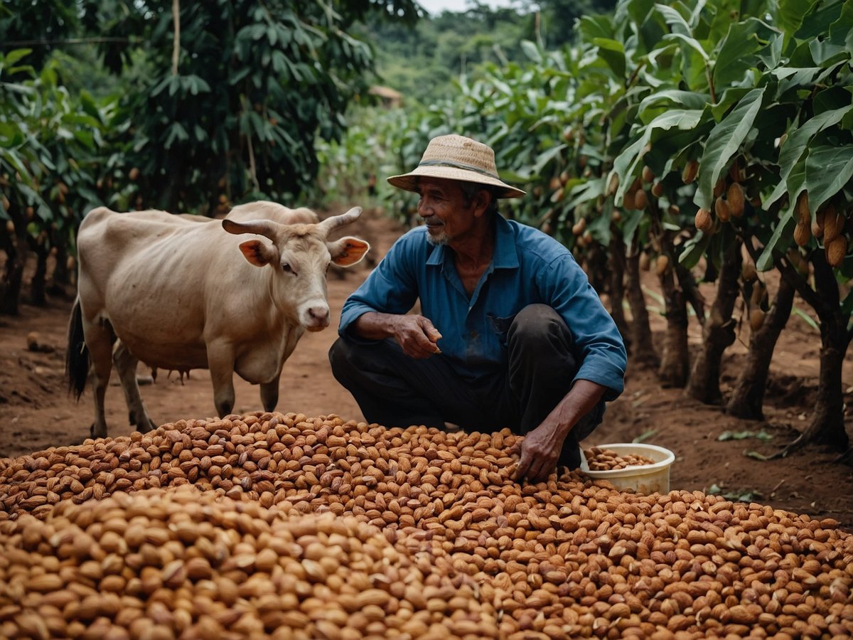Auf dem Bild sind ein Landwirt und eine Kuh in einem Feld zu sehen. Der Mann sitzt auf dem Boden neben einem großen Haufen von importierten Nüssen, umgeben von Bäumen mit Früchten. Die Umgebung ist ländlich und grün, mit einer ruhigen Atmosphäre. Der Landwirt trägt einen Hut und eine blaue Bluse, während die Kuh freundlich neben ihm steht.