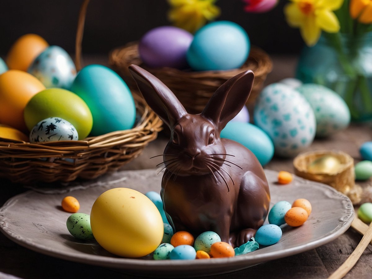 Auf dem Bild ist ein dekorativer Tisch mit einem großen Schokoladenhasen in der Mitte zu sehen. Der Hase sitzt auf einem grauen Teller, umgeben von bunten Schokoladen- und Zuckereiern in verschiedenen Farben. Neben dem Teller liegen auch einige farbige Ostereier und kleine Süßigkeiten. Im Hintergrund sind zwei geflochtene Körbe mit weiteren bunten Ostereiern. Außerdem sind gelbe Osterglocken in einer Glasvase sichtbar, die dem Bild eine fröhliche Osteratmosphäre verleihen.