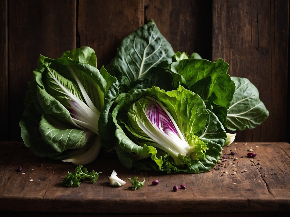 Auf dem Bild sind frische grüne Blattsalate zu sehen die auf einem rustikalen Holztisch angeordnet sind. Die Blätter sind saftig und glänzend mit einer lebendigen grünen Farbe und zeigen teilweise eine violette Musterung. Neben den Salaten liegen einige kleinere Stücke von anderen Zutaten wie Knoblauchzehen und Kräutern. Der Hintergrund ist dunkel wodurch die Farben der Salate hervorgehoben werden. Diese Darstellung vermittelt ein Gefühl von Frische und Gesundheit und könnte besonders im Winter eine einladende Optik für eine gesunde Ernährung bieten.