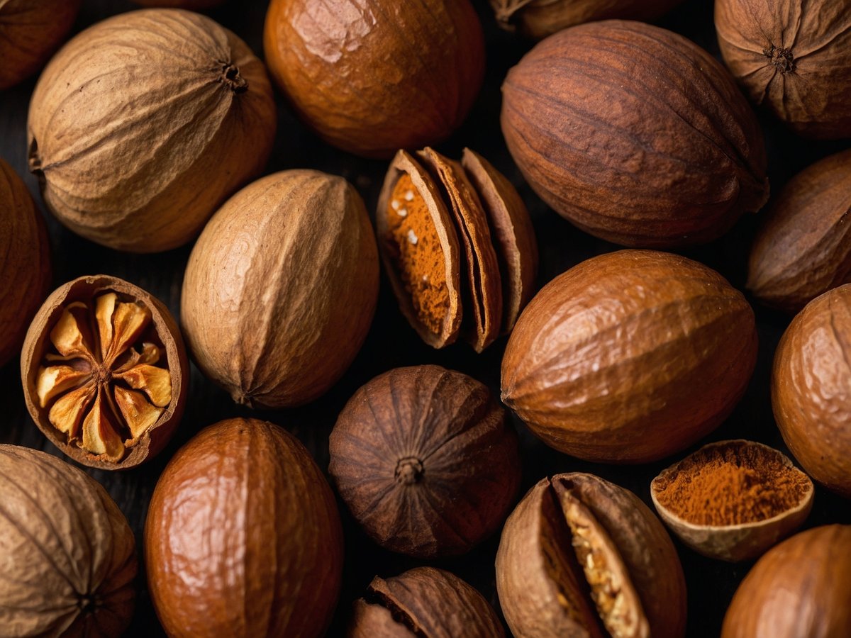 Auf dem Bild sind verschiedene Gewürze zu sehen, darunter Muskatnuss und Zimt. Die Muskatnüsse sind in ihrer harten Schale abgebildet, einige sind aufgebrochen und zeigen den inneren Kern. Zusätzlich ist gemahlener Zimt sichtbar, der in einer kleinen Halbschale präsentiert wird. Die Farben der Gewürze variieren von braun bis hellbeige und schaffen einen harmonischen Kontrast auf dem dunklen Hintergrund. Diese Gewürze sind in der Küche geschätzt, sollten jedoch mit Vorsicht genossen werden.