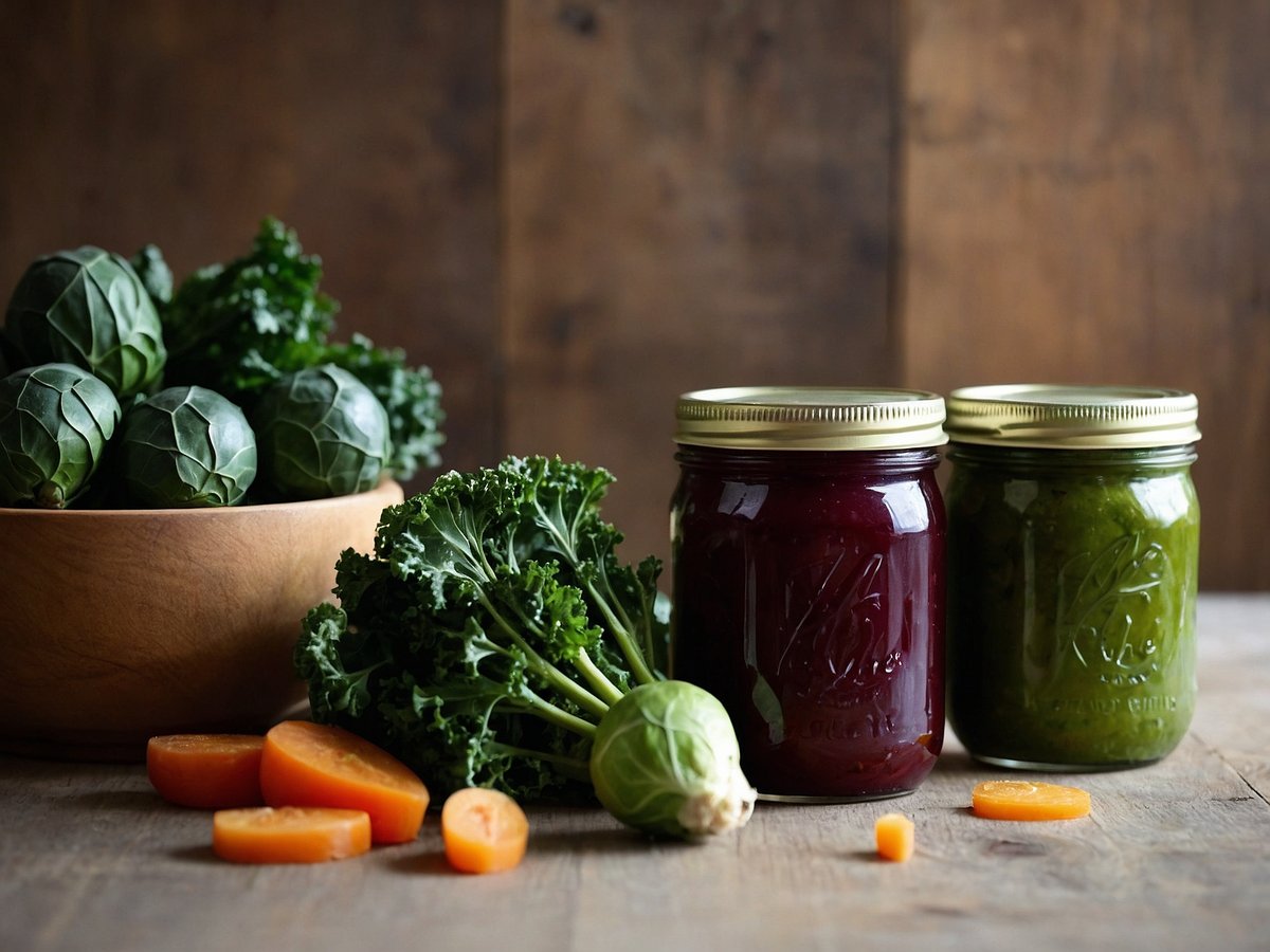 Auf dem Bild sind frische grüne Gemüse wie Grünkohl und Rosenkohl in einer Holzschüssel zu sehen. Neben der Schüssel liegen einige frische Karotten, die in Scheiben geschnitten sind. Außerdem stehen zwei Einmachgläser auf dem Tisch, eines mit roter und das andere mit grüner Einlage, die auf eine gesunde und nachhaltige Ernährung hinweisen. Der Hintergrund ist aus Holz und vervollständigt die natürliche und rustikale Atmosphäre, die zur Förderung einer gesunden Weihnachtszeit inspiriert.