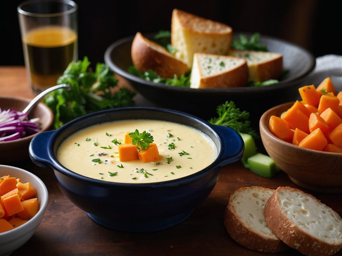 Auf dem Bild ist ein Käsefondue zu sehen, das in einem blauen Tontopf serviert wird. Die cremige Käsemischung ist mit einigen Würfeln Käse garniert und mit frischen Kräutern bestreut. Um das Fondue herum befinden sich verschiedene Beilagen. In einer Schüssel sind gelbe Käsewürfel zu erkennen, während eine andere Schüssel mit geschnittenem Gemüse gefüllt ist. Grüne Blätter und einige Stücke Brot liegen ebenfalls auf dem Tisch, ergänzt durch eine Portion geschnittenen Laib Brot. Im Hintergrund steht ein Glas mit einer gelblichen Flüssigkeit.