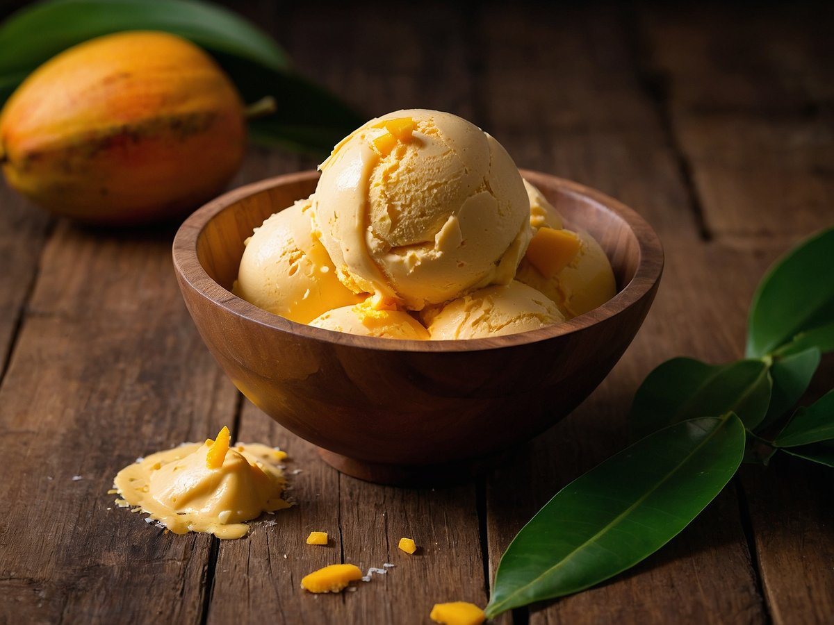 Eine Schüssel aus Holz ist gefüllt mit mehreren Kugeln Mango-Eis, das eine cremige, leuchtend gelbe Farbe hat. Einige kleine Stücke frischer Mango liegen dekorativ auf dem Eis. Neben der Schüssel befindet sich eine halbierte Mango und grüne Blätter, die eine natürliche und ansprechende Atmosphäre schaffen. Der Hintergrund zeigt eine rustikale Holztischoberfläche.