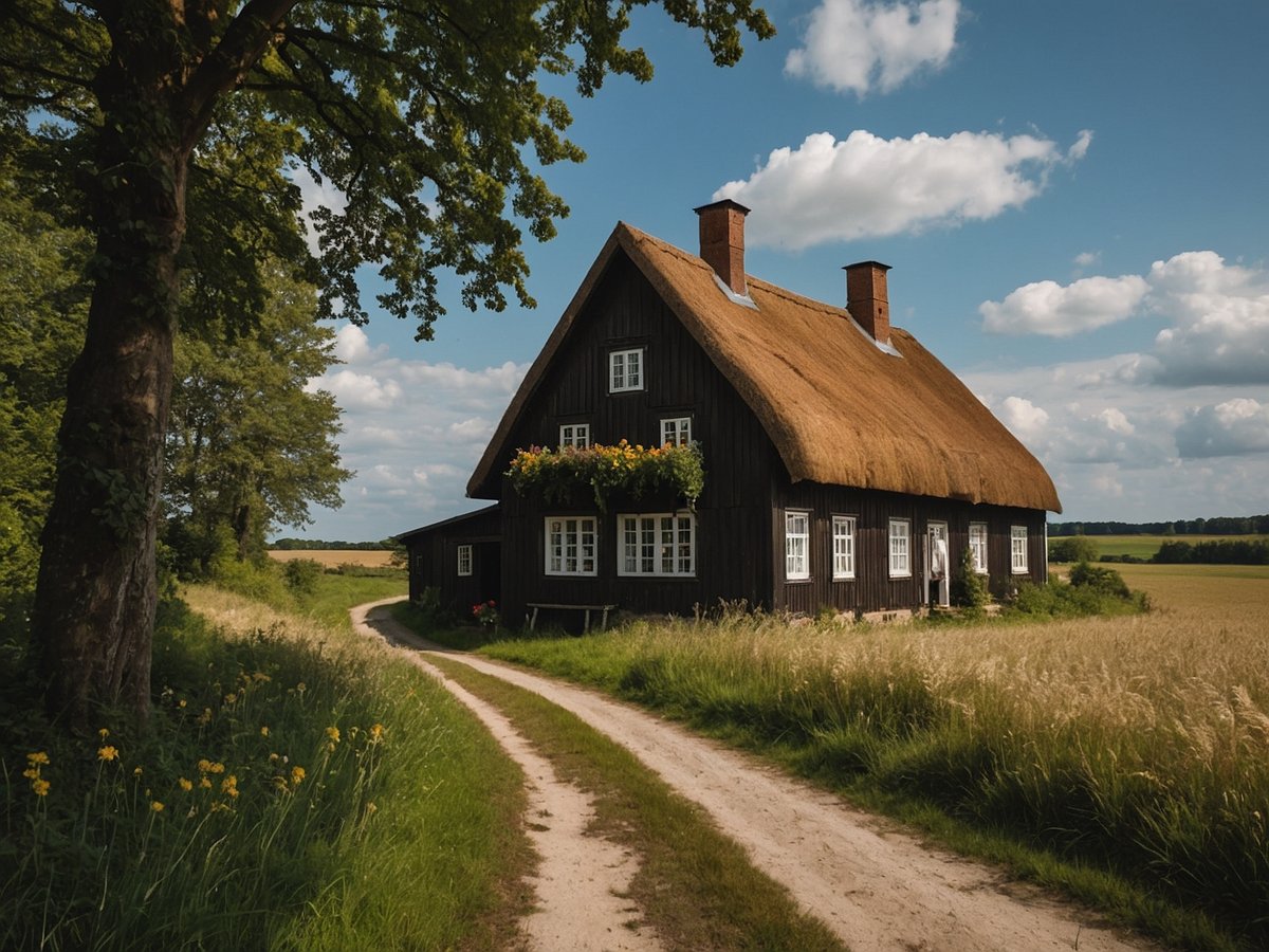 Ein traditionelles, reetgedecktes Landhaus steht in einer idyllischen Landschaft in Schleswig-Holstein. Das Haus ist aus schwarzem Holz gebaut und hat große, weiße Fenster, die mit blühenden Pflanzen geschmückt sind. Ein schmaler, kurvenreicher Weg führt zum Haus, umgeben von hohen Gräsern und blühenden Wildblumen. Im Hintergrund erstrecken sich weite Felder unter einem blauen Himmel mit wenigen weißen Wolken. Die Szene strahlt Ruhe und ländlichen Charme aus.