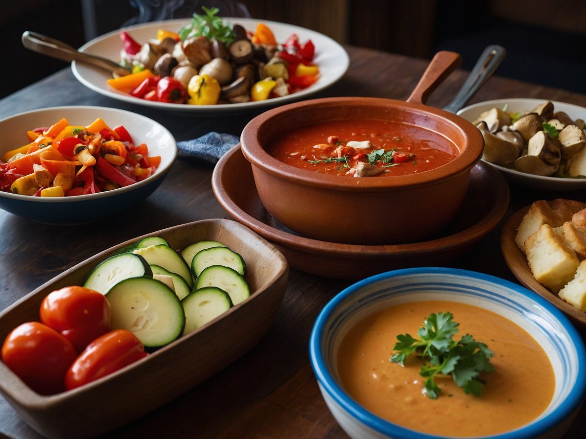 Auf dem Bild ist ein appetitlich angerichtetes Buffet mit verschiedenen Speisen zu sehen. Es gibt eine große Schüssel mit einer roten Suppe, die mit Kräutern garniert ist. Daneben befindet sich eine Schüssel mit einer cremigen, orangefarbenen Sauce, die ebenfalls mit frischen Kräutern dekoriert ist. In weiteren Schalen sind frisch geschnittene Gemüse wie Gurken und Tomaten sowie eine Mischung aus buntem Gemüse und Pilzen angerichtet. Am Rand steht eine Platte mit in Stücke geschnittenem Brot. Diese vielfältigen Optionen eignen sich perfekt für ein Fleischfondue, bei dem jeder nach Belieben Mischung und Geschmack variieren kann.