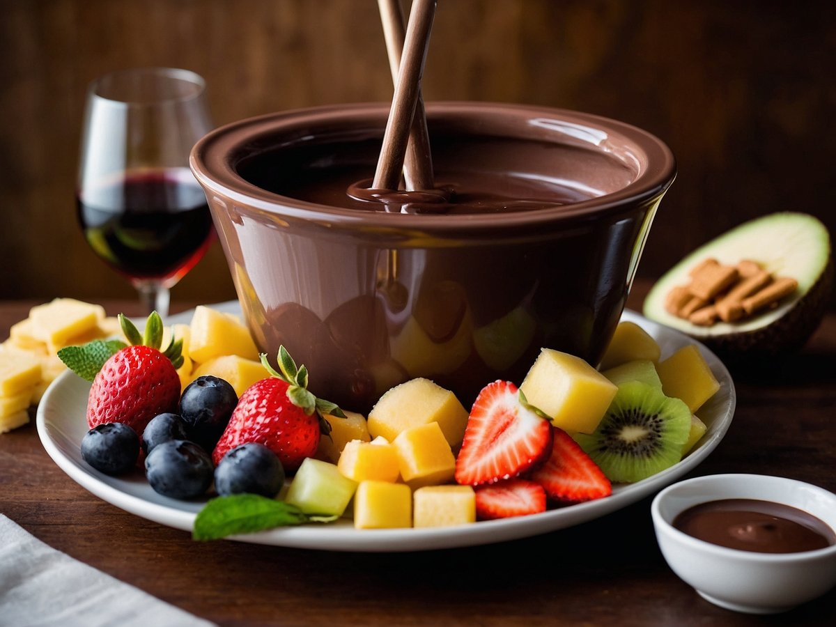 Ein Schokoladenfondue steht in einer braunen Schüssel auf einem Tisch umgeben von frischen Früchten wie Erdbeeren, Heidelbeeren, Ananas, Honigmelonen und Kiwi. Neben der Schüssel liegt ein kleiner Teller mit zusätzlicher Schokoladensauce und im Hintergrund ist ein Glas Rotwein zu sehen. Die Anordnung der Früchte und das glänzende Schokoladenfondue laden zu einer süßen Versuchung ein.