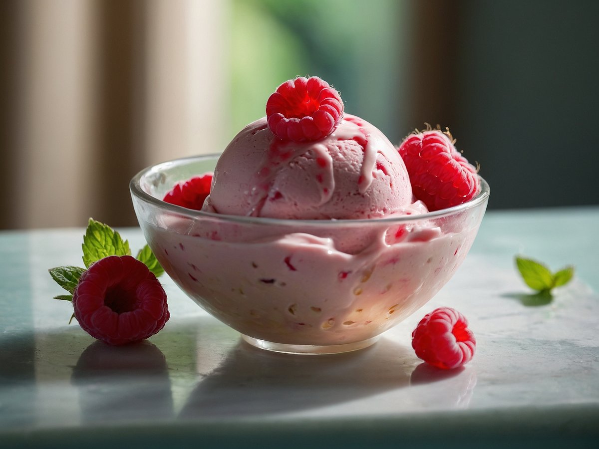 Eine Schüssel mit cremigem Himbeer-Joghurt-Eis, dekoriert mit frischen Himbeeren und Minzblättern. Das Eis hat eine zarte rosa Farbe und ist schön gekugelt, während die Himbeeren lebendig rot leuchten. Im Hintergrund ist ein unscharfer, heller Raum zu sehen, der eine angenehme Atmosphäre vermittelt.