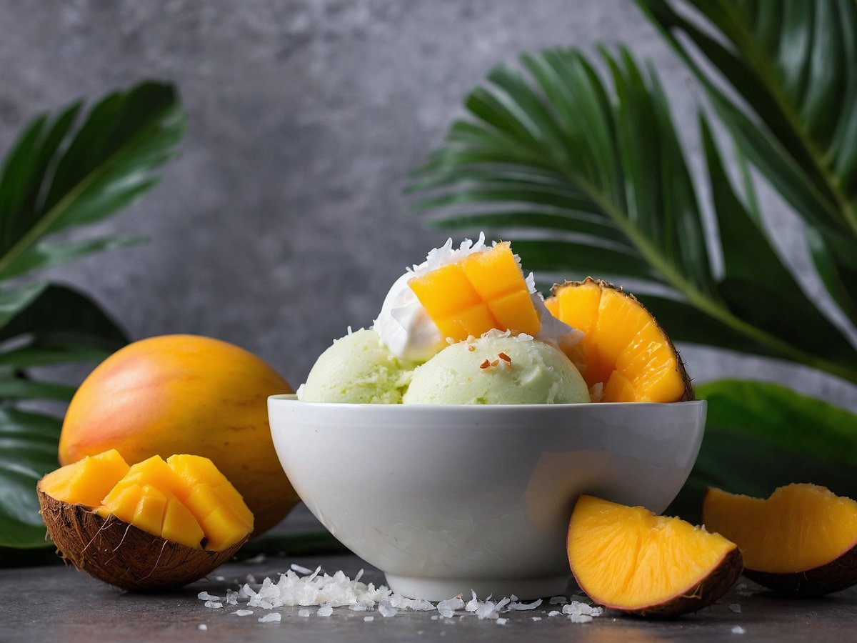 Ein Schüssel mit Kokosnuss-Sorbet befindet sich im Vordergrund. Das Sorbet hat eine hellgrüne Farbe und ist mit Sahne und frischen Mangowürfeln garniert. Neben der Schüssel liegen mehrere Stücke frischer Mango und einige halbierte, ausgehöhlte Kokosnüsse. Im Hintergrund sind große grüne Blätter und eine graue, strukturierte Oberfläche zu sehen, die die tropische Atmosphäre unterstreichen.