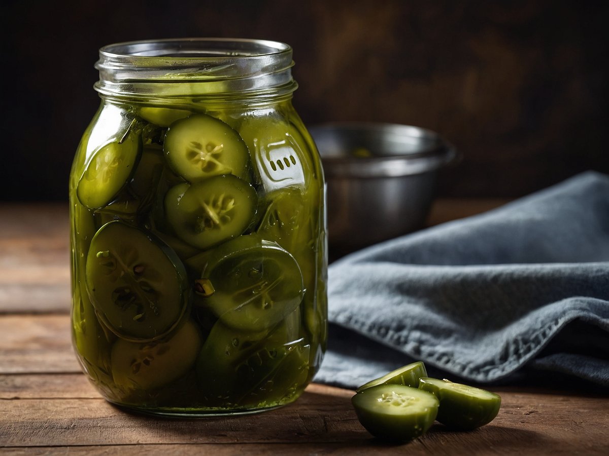 Ein Glas gefüllt mit in Scheiben geschnittenen Gewürzgurken steht auf einem Holztablett. Die Gurken sind leuchtend grün und in einer klaren Lake eingelegt. Neben dem Glas liegen einige frische Gurkenscheiben. Im Hintergrund ist ein graues Tuch zu sehen sowie eine silberne Schüssel. Die gesamte Szene hat eine rustikale Atmosphäre und vermittelt eine wohltuende, nostalgische Stimmung.