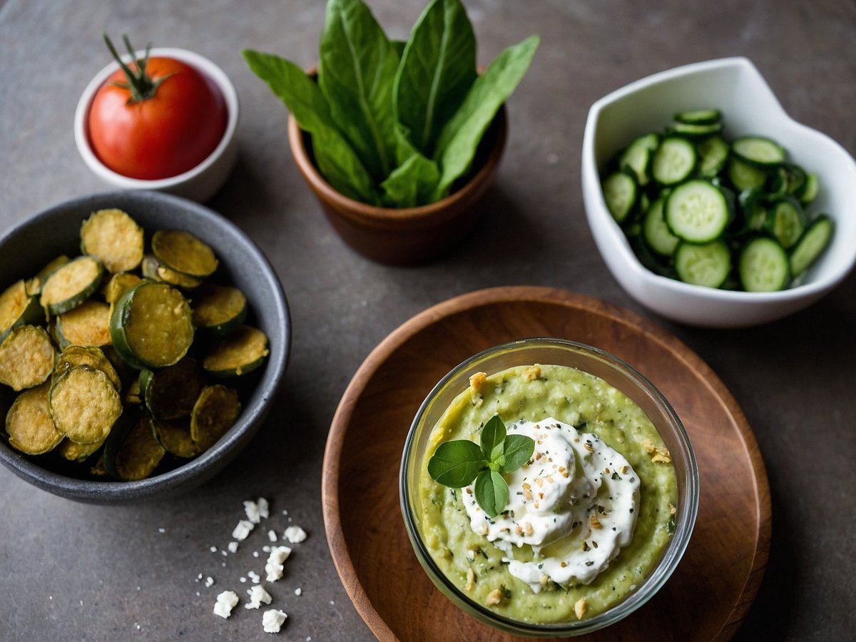 Auf dem Bild sind kreative Gaumenfreuden zu sehen die Gewürzgurken beinhalten. In der Mitte steht ein Glas mit einer cremigen, grünen Paste die mit einem Klecks Sahne und frischen Kräutern dekoriert ist. Daneben befindet sich eine Holzplatte mit einer Mischung aus knusprigen, frittierten Gewürzgurken und einer Schale voller frischer, geschnittener Gurken. Im Hintergrund sind auch frische Blätter von Spinat und eine rote Tomate zu sehen, die dem Arrangement coloristische Frische verleihen.