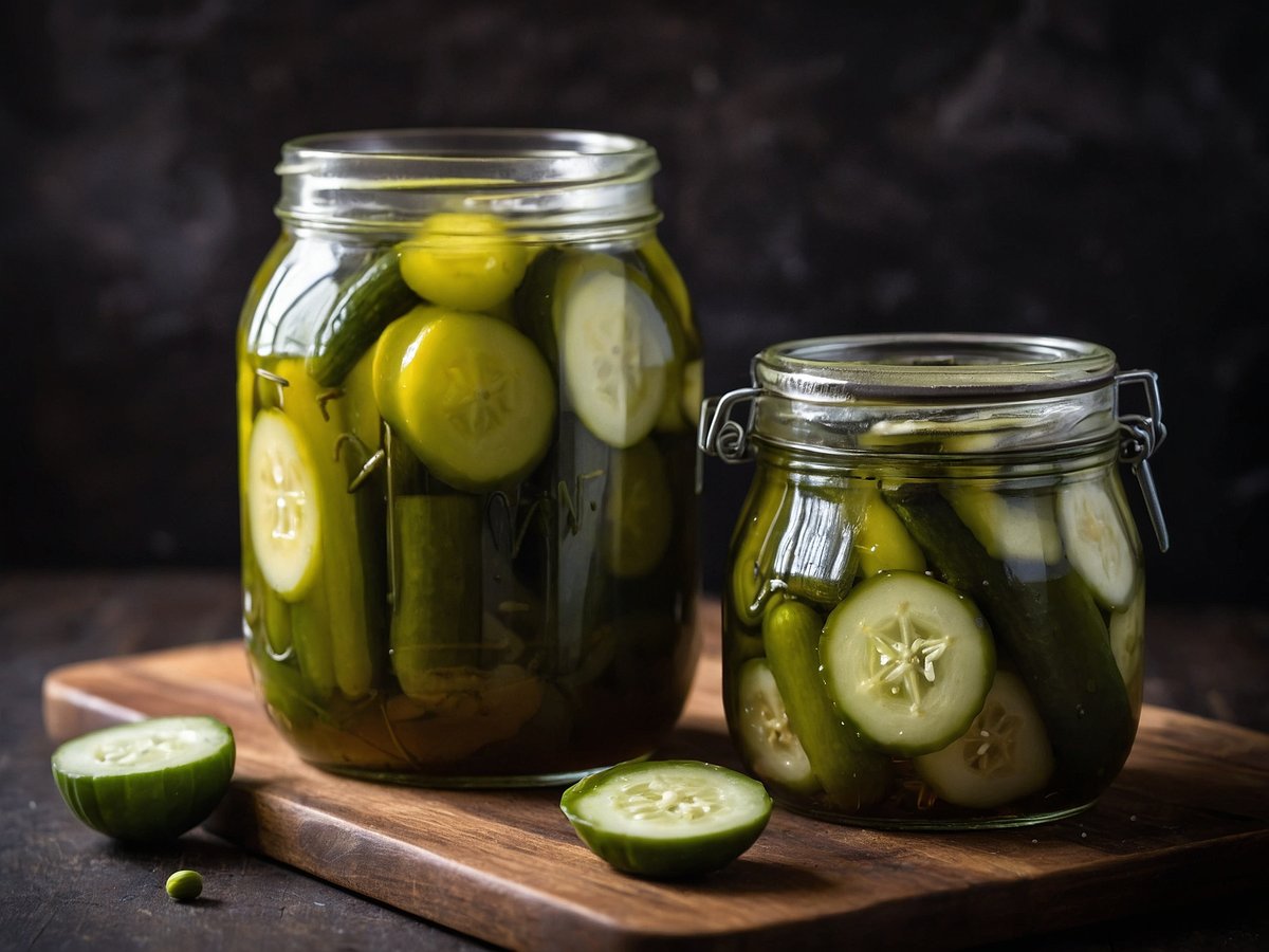 In dem Bild sind zwei Gläser mit eingelegten Gewürzgurken zu sehen. Das größere Glas enthält sowohl ganze als auch in Scheiben geschnittene Gurken, während das kleinere Glas ebenfalls Gurken, jedoch in anderen Größen enthält. Die Gurken sind in einer gläsernen Flüssigkeit eingelegt, die grünlich aussieht. Neben den Gläsern befindet sich eine halbierte Gurke auf einem Holzbrett. Der Hintergrund ist dunkel, was einen Kontrast zu den hellen Gurken und den Gläsern bildet.