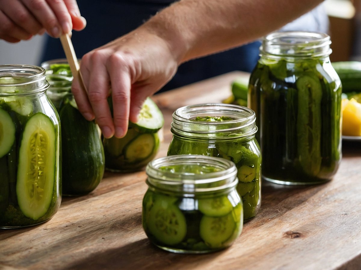 In dem Bild sind verschiedene Gläser mit eingelegten Gewürzgurken zu sehen, die auf einem Holztisch stehen. Eine Hand platziert mit einem Holzstäbchen Gurkenstücke in eines der Gläser. Die Gläser enthalten ganze Gurken sowie Scheiben und sind in unterschiedlichen Größen. Im Hintergrund sind frische Gurken sichtbar, die noch unkonserviert sind. Die Szene vermittelt eine heimelige Atmosphäre, in der das Einlegen von Gurken als traditionelles Handwerk zelebriert wird. Die Verwendung frischer Zutaten hebt die Bedeutung der Prozessqualität hervor.