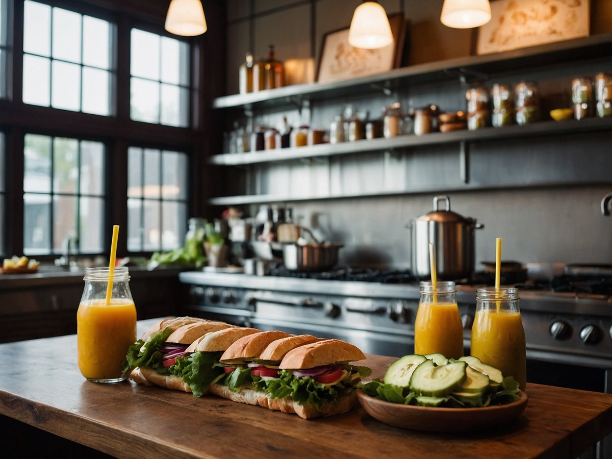 In einer hellen Küche mit großen Fenstern ist ein Holztisch gedeckt. Auf dem Tisch liegt ein langer Sandwich mit frischen Zutaten wie Salat und roten Zwiebeln. Neben dem Sandwich stehen zwei Gläser mit gelbem Saft und einem Strohhalm. Auf einem kleinen Teller liegen frische Gurkenscheiben, umgeben von weiteren Salatblättern. Im Hintergrund sind Regale mit Vorratsgläsern und eine Herdplatte zu sehen, die eine einladende und gemütliche Atmosphäre schaffen.
