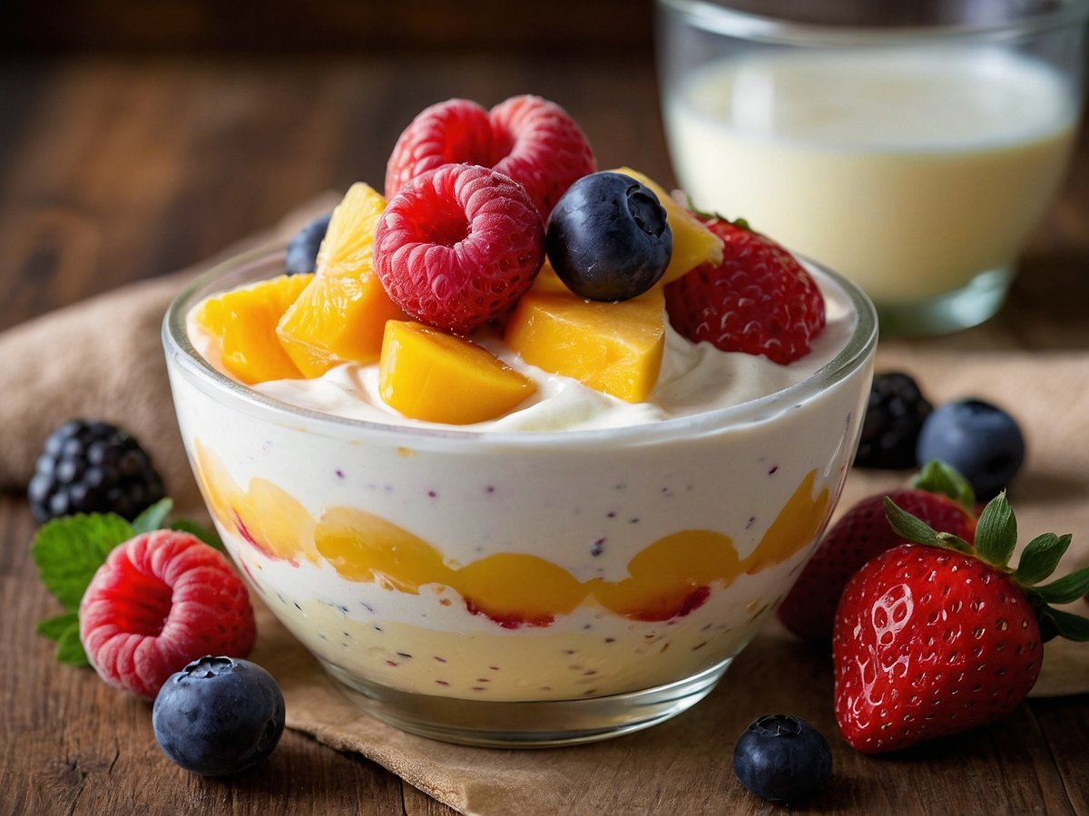 In einer transparenten Schüssel wird eine Portion Frozen Yogurt serviert, die mit frischen Früchten garniert ist. Obenauf liegen saftige Himbeeren, Heidelbeeren und Stücke von Mango. Der Frozen Yogurt hat eine cremige Textur und ist schichtweise mit fruchtigen Akzenten verziert. Im Hintergrund ist ein weiteres Glas mit einer weiteren cremigen Flüssigkeit zu sehen, während frische Beeren und Minzblätter die Präsentation vervollständigen.