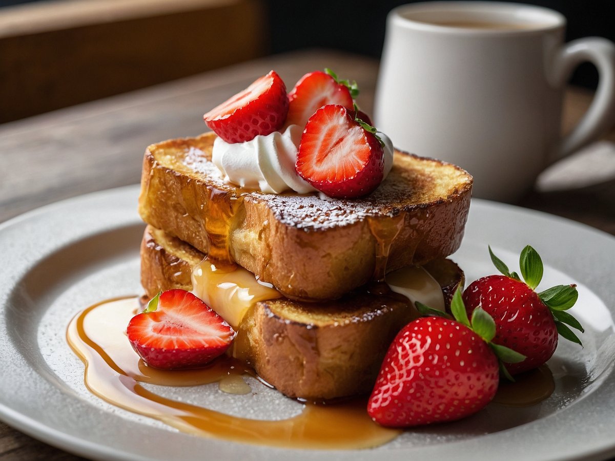 Auf dem Bild sind zwei übereinanderliegende Scheiben French Toast zu sehen, die mit frischen Erdbeeren, Schlagsahne und einer süßen Sauce garniert sind. Die French Toast sind goldbraun und leicht knusprig, während die Erdbeeren frisch und rot leuchten. Neben dem Teller steht eine Tasse Kaffee, was das Frühstücksarrangement komplettiert. Der Teller ist auf einem rustikalen Tisch platziert.