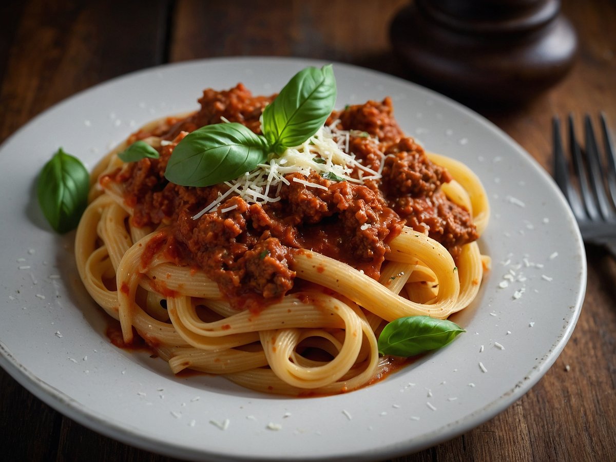 Ein Teller mit Spaghetti Bolognese, der mit roter Fleischsauce bedeckt ist. Die Pasta ist sorgfältig auf dem Teller angerichtet und wird mit frischen Basilikumblättern sowie geriebenem Käse dekoriert. Der Teller befindet sich auf einer rustikalen Holzoberfläche, und im Hintergrund ist ein Besteck sichtbar.