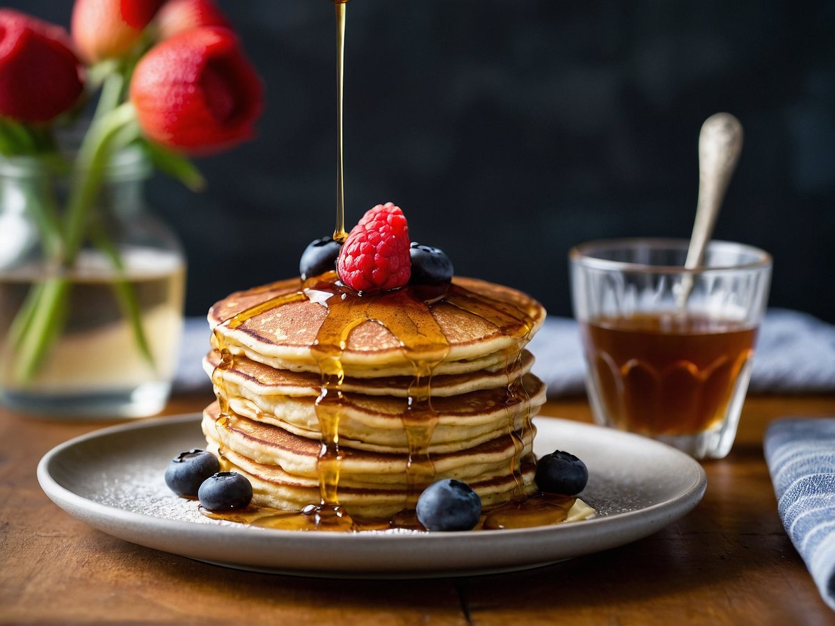 Auf dem Bild sind Bananenpancakes zu sehen, die übereinander gestapelt sind. Über den Pancakes fließt goldener Sirup, der eine glänzende Oberfläche bildet. Die Pancakes sind mit frischen Heidelbeeren und einer Himbeere oben garnished. Im Hintergrund steht ein Glas mit süßem Getränk und eine Vase mit roten Rosen. Der Teller hat einen rustikalen Holzuntergrund, der die Farben der Speisen betont.