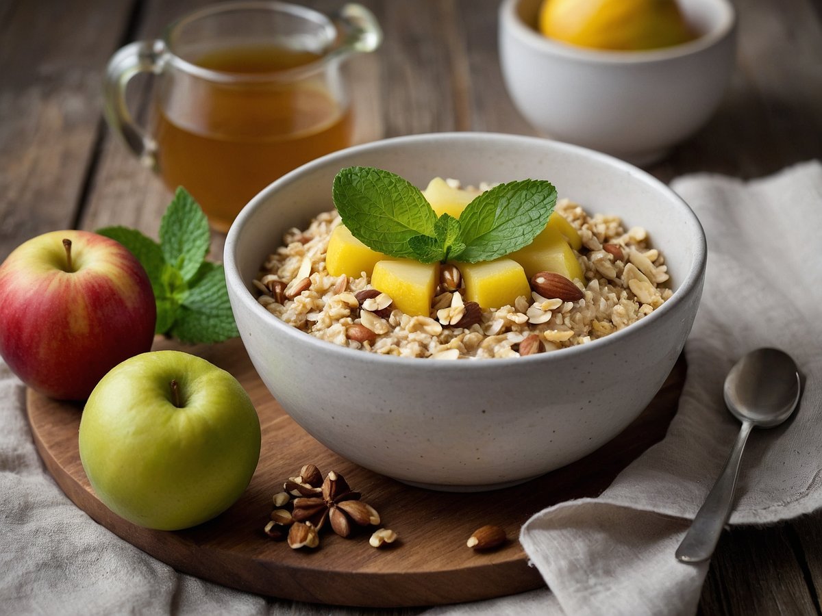 Eine Schüssel mit Bircher Müsli steht auf einem runden Holzbrett. Das Müsli enthält Haferflocken, gehobelte Mandeln und ist garniert mit frischen Stückchen von gelbem Obst sowie frischen Minzblättern. Neben der Schüssel liegen ein roter und ein grüner Apfel. Im Hintergrund ist ein Glas mit einer goldenen Flüssigkeit zu sehen, vermutlich ein Getränk. Ein Löffel aus Edelstahl ruht auf dem Brett. Der Tisch ist aus Holz, und eine helle, natürliche Textilie ist teilweise sichtbar.