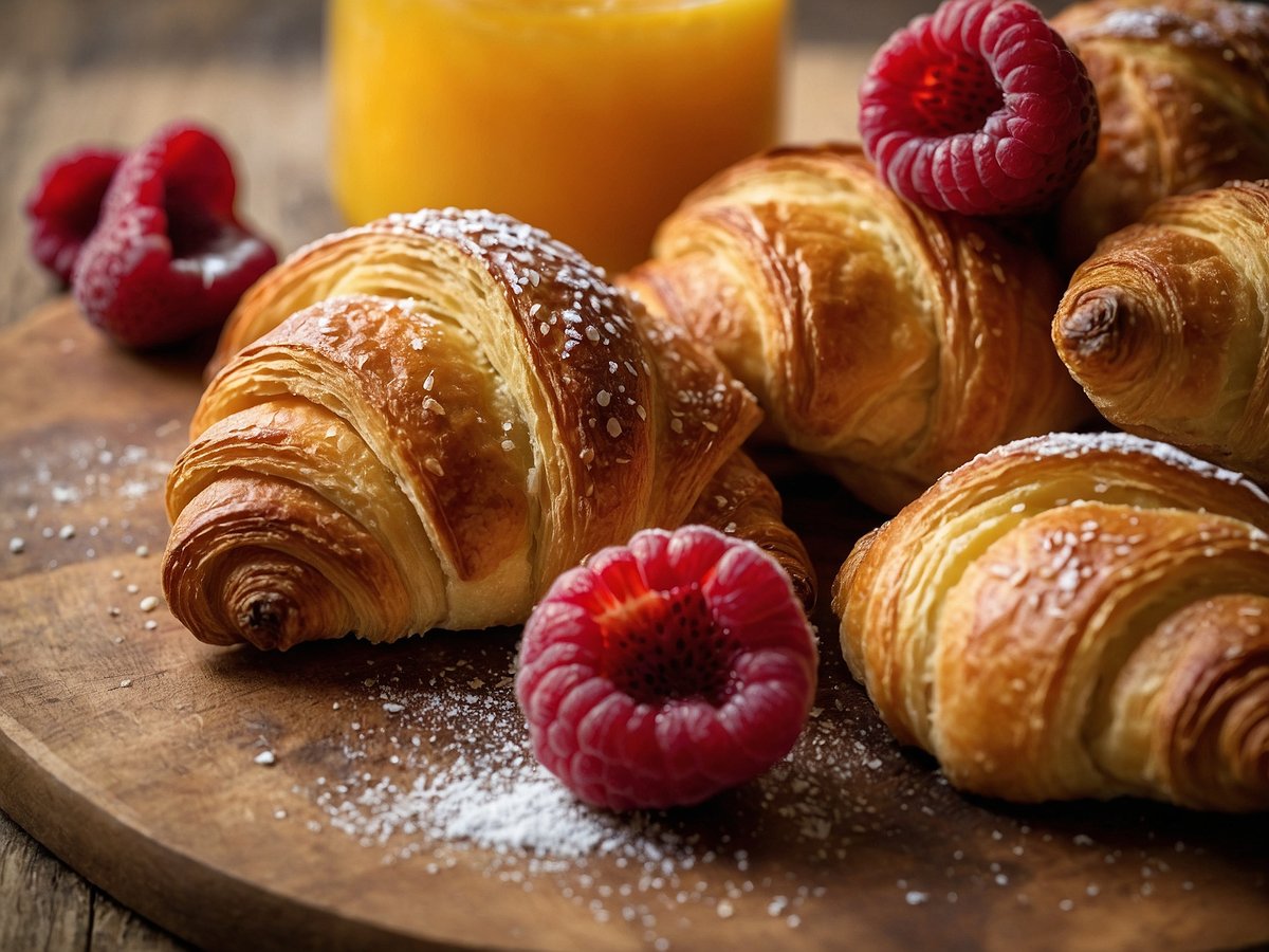 Eine rustikale Holzplatte mit frisch gebackenen Croissants, die goldbraun bestochen und leicht glasiert sind. Neben den Croissants liegen einige rote Himbeeren und ein Glas mit orangefarbener Konfitüre im Hintergrund. Auf der Platte ist ein wenig Puderzucker verstreut, was das Bild ansprechend und appetitlich wirken lässt.