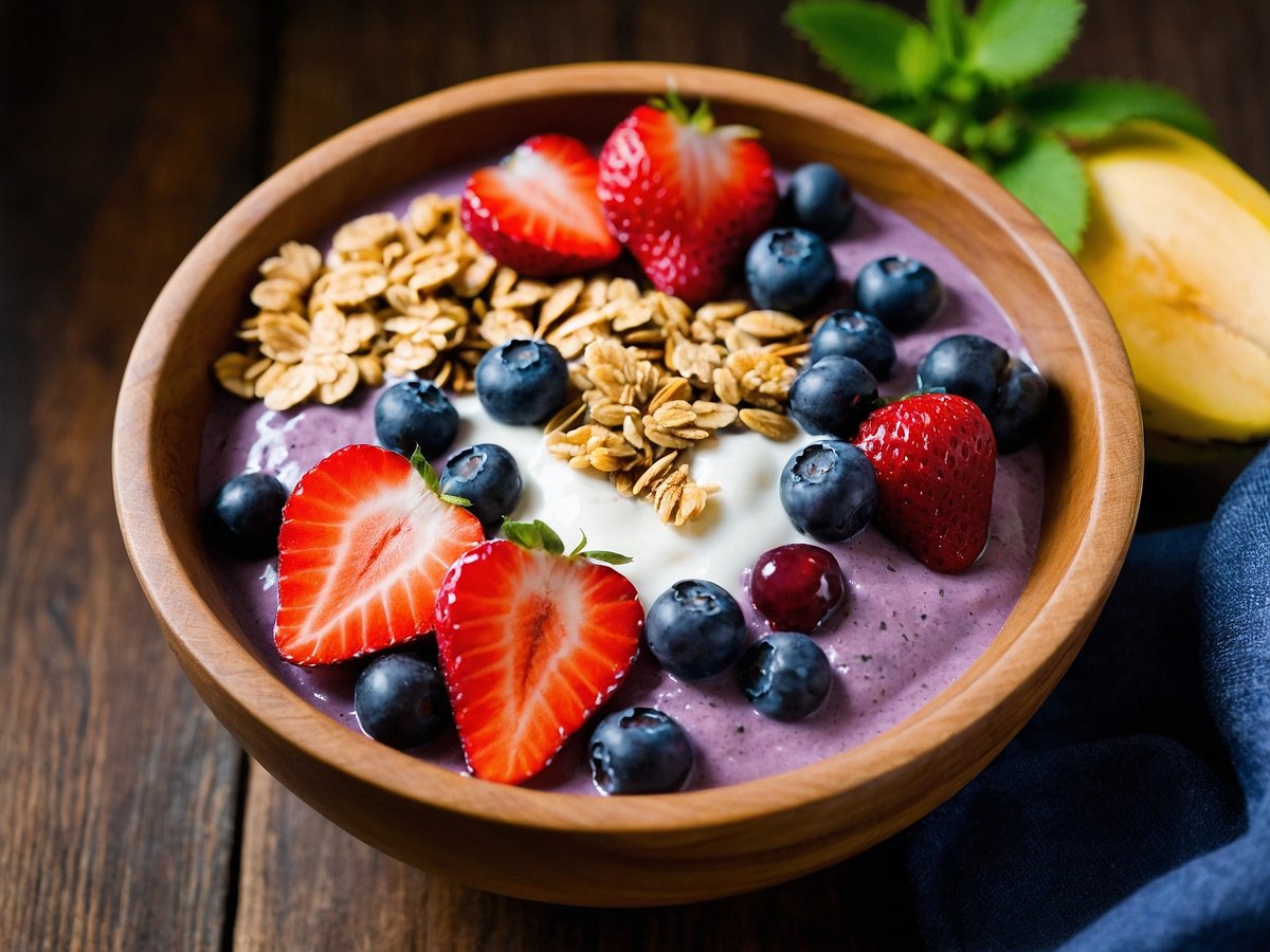 Eine Frucht-Smoothie-Bowl in einer Holzschüssel, die mit frischen Erdbeeren, Blaubeeren, Haferflocken und einem Klecks Joghurt verziert ist. Im Hintergrund sind eine halbe Banane und ein Stück Minze sichtbar. Der Boden ist aus dunklem Holz, was einen schönen Kontrast zur bunten Bowl bietet.