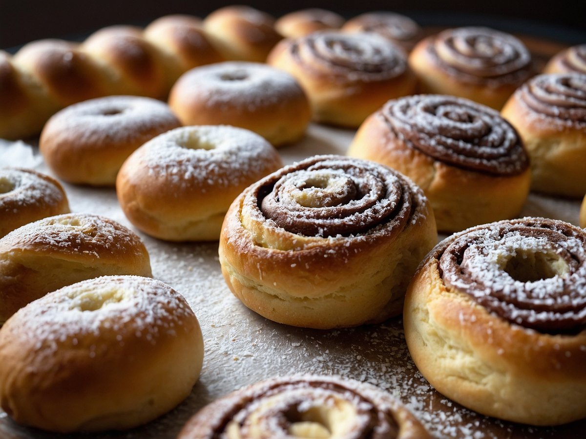 Eine Vielzahl frisch gebackener Schokobrötchen ist auf einem Backblech angeordnet. Die Brötchen zeigen eine goldbraune Farbe und sind mit Puderzucker bestäubt. Einige sind spiralförmig mit Schokoladenfüllung, während andere eine glatte Oberfläche ohne Füllung aufweisen. Der Hintergrund zeigt weitere Brötchen, die ebenfalls appetitlich aussehen und auf das Hauptmotiv fokussieren.