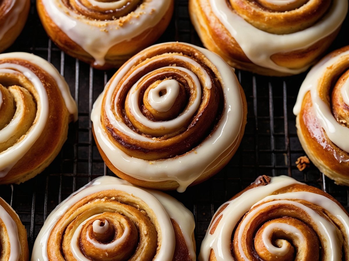 Zimt-Schnecken auf einem Rost, frisch gebacken und mit einer glänzenden Zuckerglasur überzogen. Die Schnecken haben eine goldbraune Farbe und zeigen die spiralförmige Anordnung der Teigschichten, die mit Zimt gefüllt sind. Die Oberfläche der Zimt-Schnecken ist leicht glänzend durch die Glasur, die in feinen Linien über die Schnecken verteilt ist. Der Rost, auf dem die Schnecken liegen, hat eine dunkle Farbe, was einen schönen Kontrast zu den hellen Zimt-Schnecken bildet.