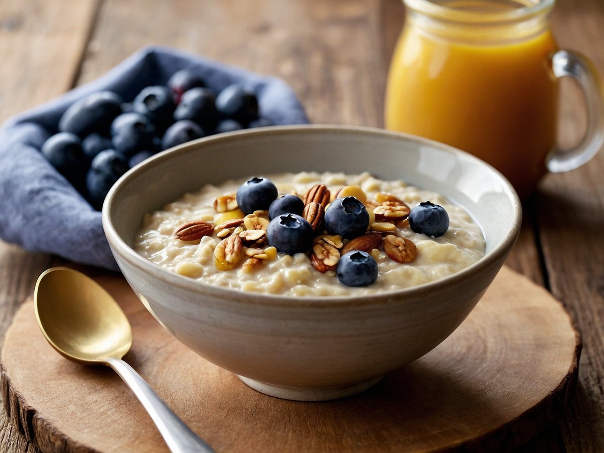 Eine Schüssel Porridge steht auf einem Holzbrett. Darin sind frische Blaubeeren und gehackte Nüsse dekorativ angerichtet. Neben der Schüssel befindet sich ein Löffel aus Edelstahl mit goldenem Griff. Im Hintergrund ist eine kleine Schale mit weiteren Blaubeeren und ein Glas mit orangefarbigem Saft zu sehen. Der Holz- und Stoffhintergrund verleiht der Szene eine rustikale Atmosphäre.