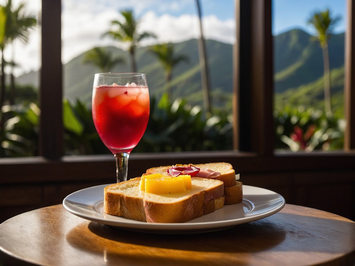 Auf dem Bild ist ein Teller mit Toast Hawaii zu sehen, der aus mehreren Scheiben Brot, Schinken und Ananas besteht, die mit einer Scheibe Käse überbacken sind. Daneben steht ein Glas mit einem roten Getränk, das Eiswürfel enthält. Im Hintergrund sind grüne Pflanzen und Berge sichtbar, die eine tropische Atmosphäre erzeugen. Das Licht ist warm und vermittelt einen einladenden Eindruck.