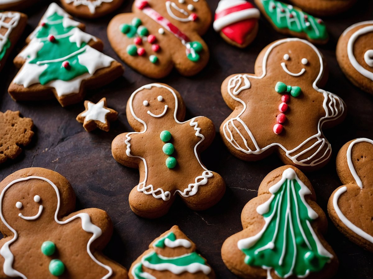 Auf dem Bild sind Lebkuchen und Plätzchen in verschiedenen Formen und Designs zu sehen. Es gibt Lebkuchenmänner mit bunten Verzierungen aus Zuckerguss sowie Plätzchen in Form von Weihnachtsbäumen und Sternen, die ebenfalls liebevoll dekoriert sind. Die Plätzchen sind aus einem goldbraunen Teig und die Dekorationen bestehen aus weißem und buntem Zuckerguss, was die süßen Versuchungen der Saison unterstreicht. Die Anordnung der Lebkuchen und Plätzchen vermittelt eine festliche und einladende Atmosphäre.