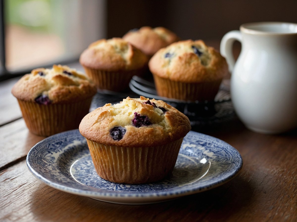 Ein Teller mit frischen Muffins steht auf einem Holztisch. Die Muffins sind goldbraun und haben einige dunkle Beerenstückchen sichtbar. Im Hintergrund sind weitere Muffins auf einem Drahtgestell angeordnet. Neben dem Teller steht eine kleine weiße Kanne. Das Licht ist sanft und betont die Textur der Muffins und die warme Atmosphäre des Raumes.