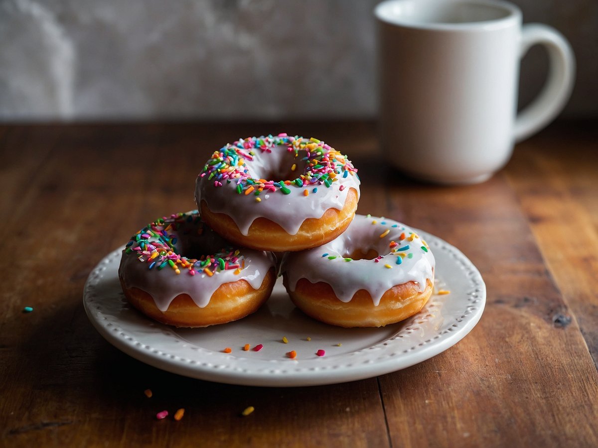 Drei frisch gebackene Donuts liegen auf einem weißen Teller. Die Donuts sind mit einer glasierten Zuckerschicht mit bunten Streuseln bedeckt. Der Teller steht auf einer rustikalen Holzoberfläche. Im Hintergrund ist eine weiße Tasse zu sehen, die leicht verschwommen ist.