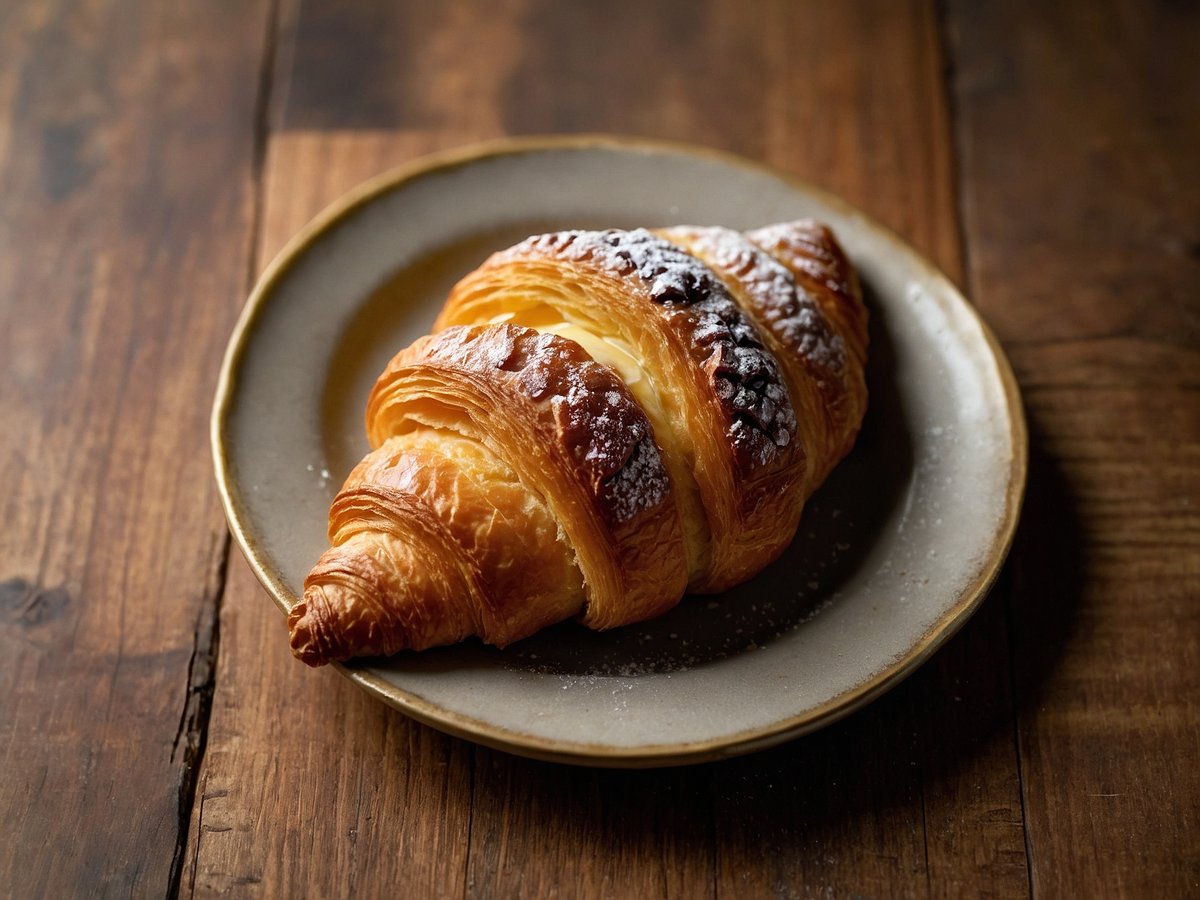 Ein frischer, goldbrauner Croissant mit Füllung liegt auf einem einfachen, rundem Teller. Die Oberfläche ist leicht glänzend und die typischen Schichten sind gut erkennbar. Der Teller steht auf einer rustikalen Holzoberfläche, die dem Bild eine warme, einladende Atmosphäre verleiht.