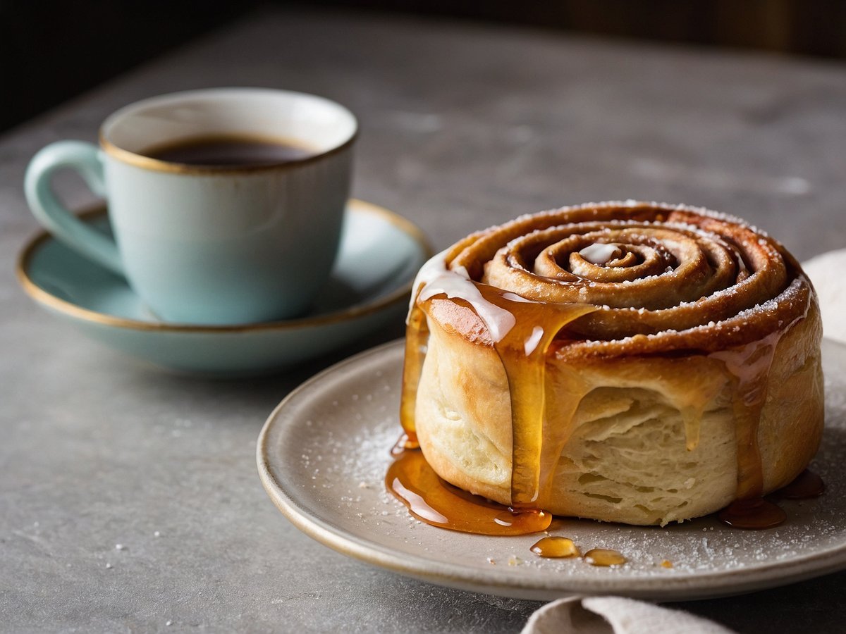 Auf dem Bild sind ein Stück Zimtschnecke und eine Tasse Kaffee zu sehen. Die Zimtschnecke ist großzügig mit einer Zuckerglasur und einer dünnen Schicht Sirup überzogen und sitzt auf einem Teller. Im Hintergrund steht eine hellblaue Tasse mit Unterteller, die dampfenden Kaffee enthält. Der Untergrund ist eine graue, steinige Oberfläche, die die warmen Farben der Zimtschnecke und des Kaffees hervorhebt.