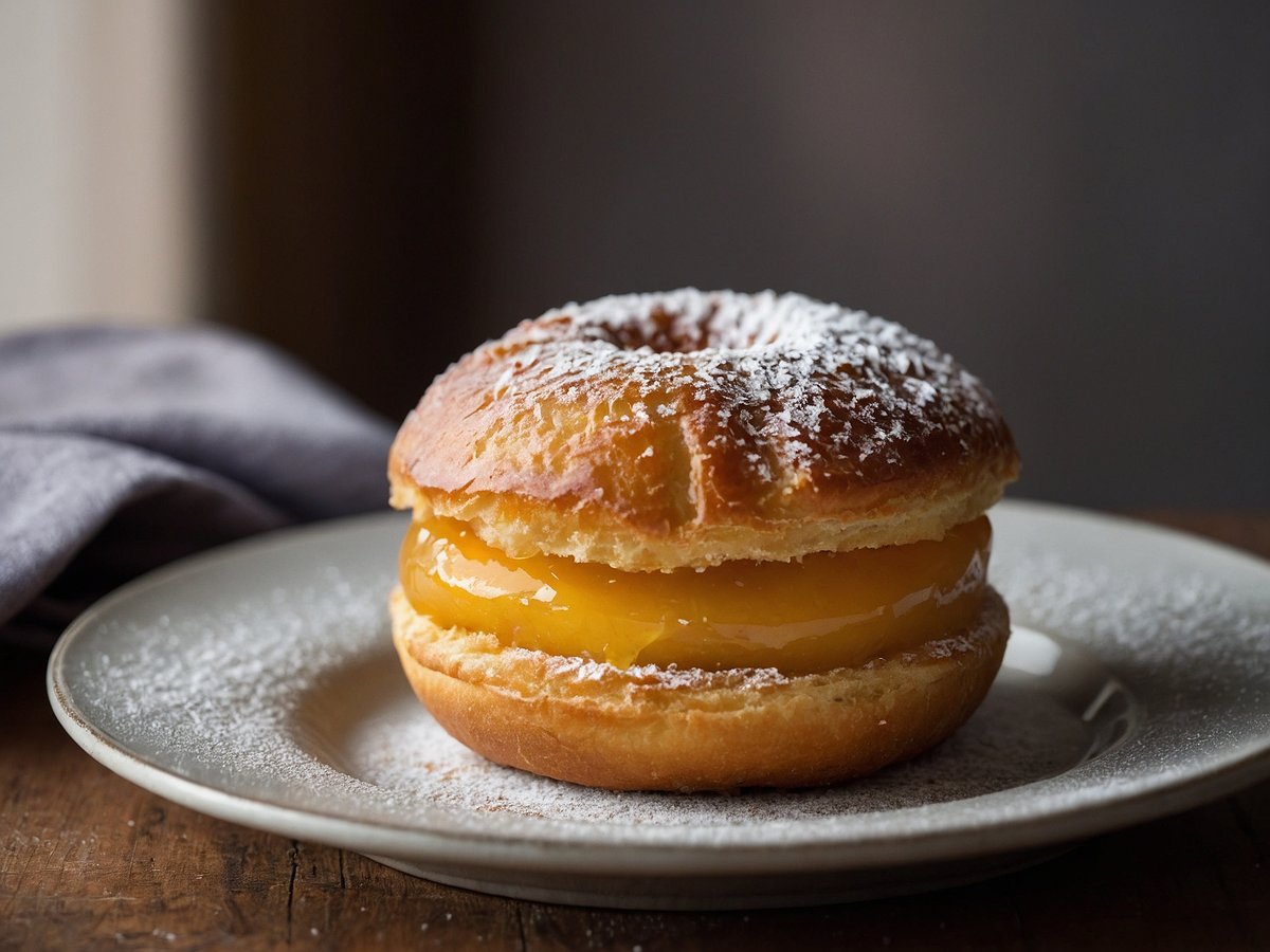 Ein frischer Berliner liegt auf einem hellen Teller. Der Krapfen hat eine goldbraune, leicht glatte Oberfläche und ist mit Puderzucker bestäubt. In der Mitte ist er aufgeschnitten und enthält eine leuchtend gelbe Füllung, wahrscheinlich aus Aprikosen- oder Pfirsichmarmelade. Im Hintergrund ist ein graues Tuch zu sehen.