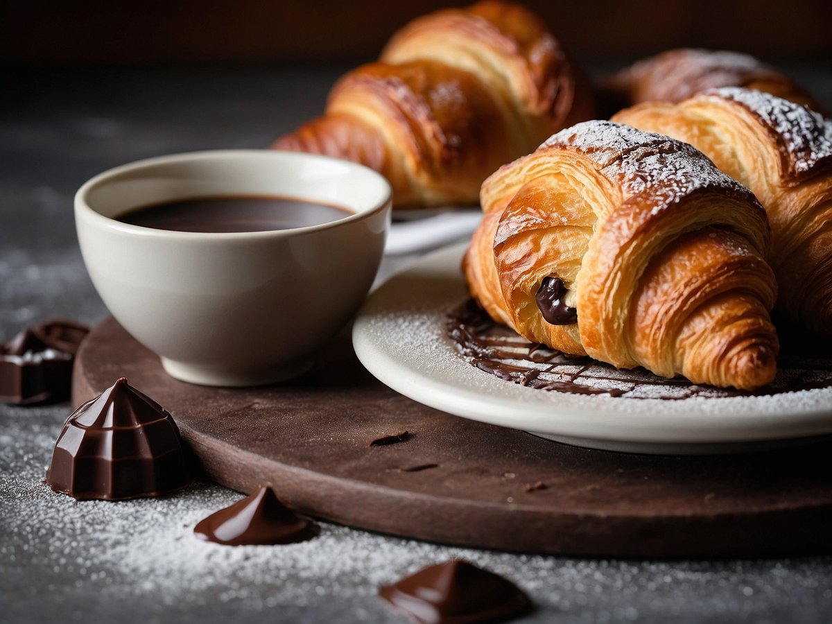 Auf dem Bild sind mehrere Schoko-Croissants auf einem Teller zu sehen, die mit Puderzucker bestäubt sind. Daneben steht eine kleine Schale mit heißem Kaffee. Auf dem Tisch liegen einige kleine Stücke Schokolade, die das rustikale Ambiente abrunden. Der Hintergrund ist unscharf, wodurch die Croissants und die Kaffeetasse im Vordergrund hervorgehoben werden.